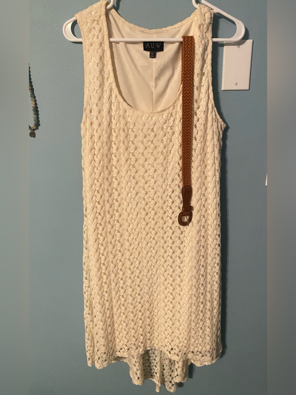 AUW Ivory Crochet Tank Dress with Braided Tan Belt